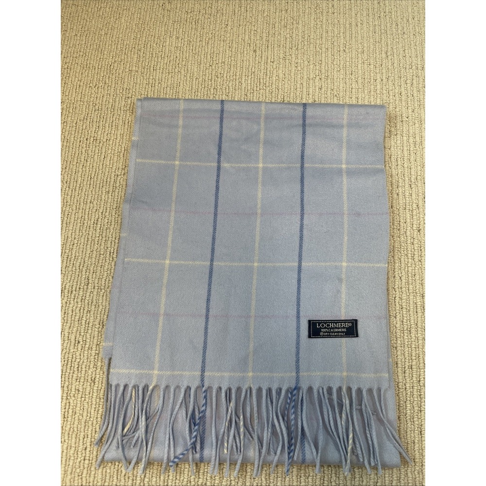 Lochmere 100% Cashmere Scarf Blue Plaid Check Soft Tassel Fringe 60x12 Vtg